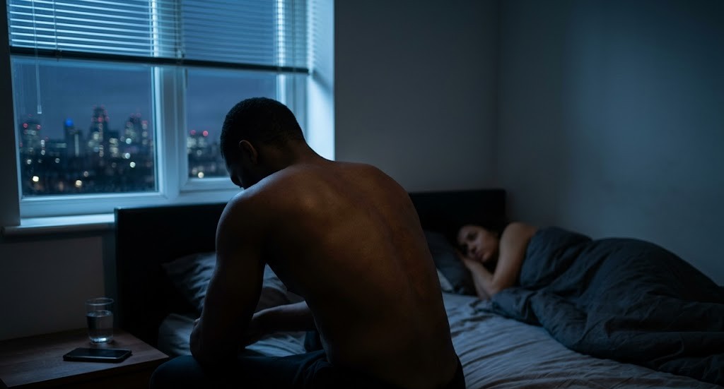 Man sitting on edge of bed at night